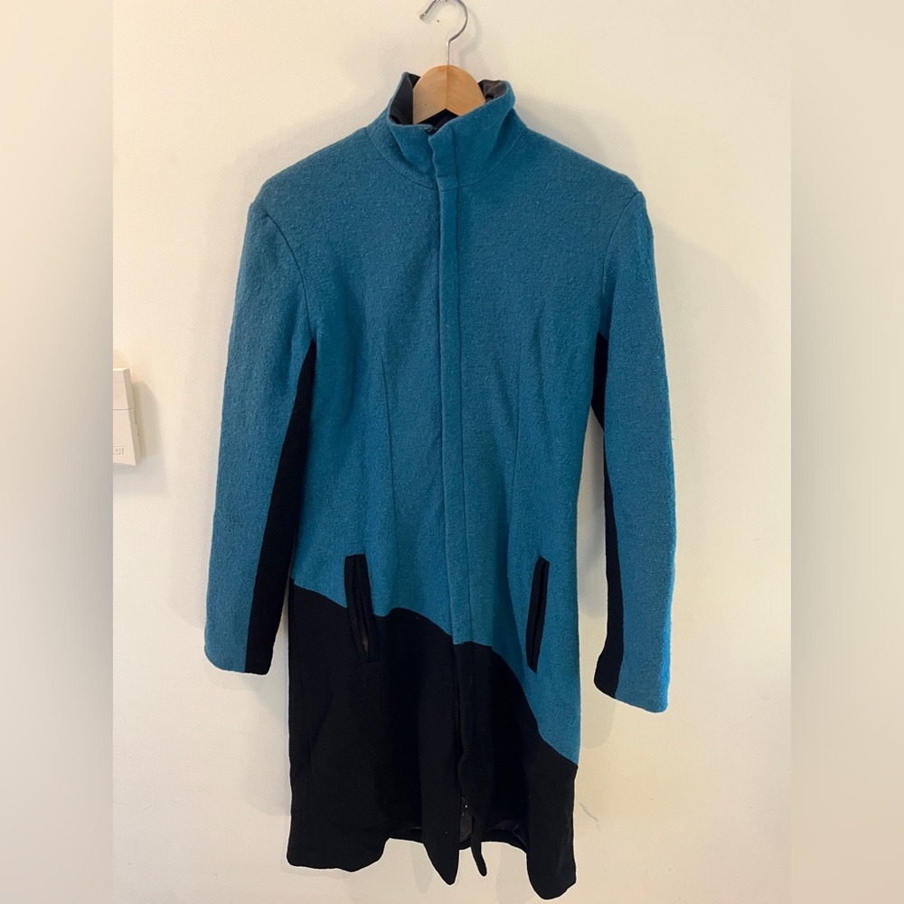 Women’s blue and black wool blend coat, size small